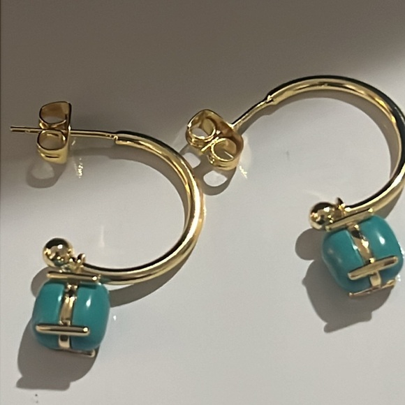 Dainty Small Gold Hoop Dangle Earrings 14k Gold Plated Open Thin Polished hoop - Picture 2 of 6